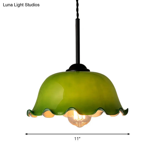 Rustic Black Glass Pendant Light With Green/White Lettuce-Trim Bowl Design - Perfect For Living Room