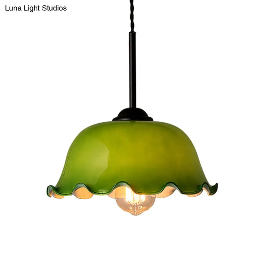 Rustic Black Glass Pendant Light With Green/White Lettuce-Trim Bowl Design - Perfect For Living Room