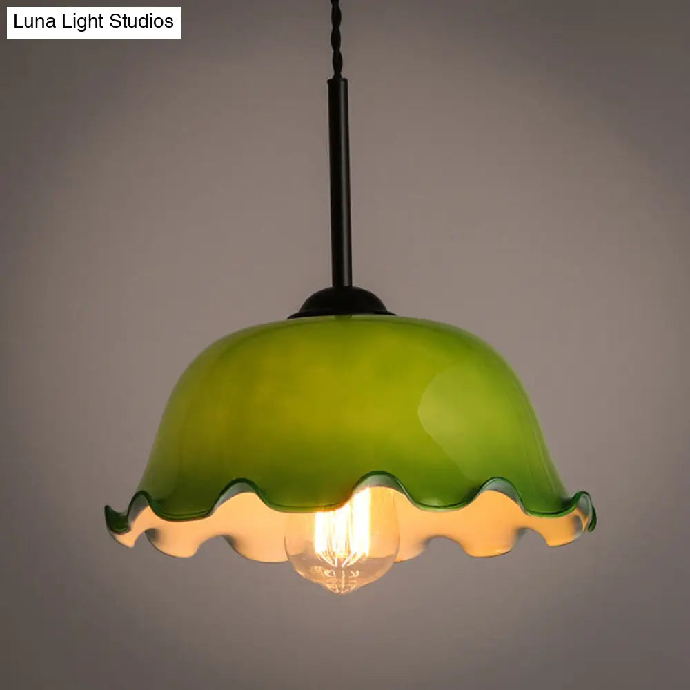 Rustic Black Glass Pendant Light With Green/White Lettuce-Trim Bowl Design - Perfect For Living Room