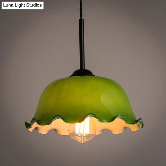 Rustic Black Glass Pendant Light With Green/White Lettuce-Trim Bowl Design - Perfect For Living Room