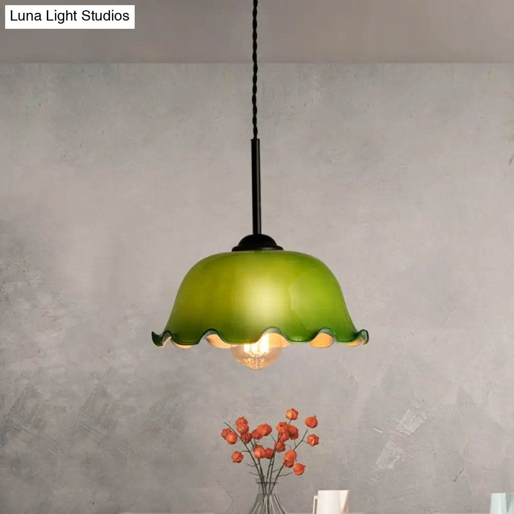 Green/White Glass Pendant Rustic Black Bowl Ceiling Lamp For Living Room