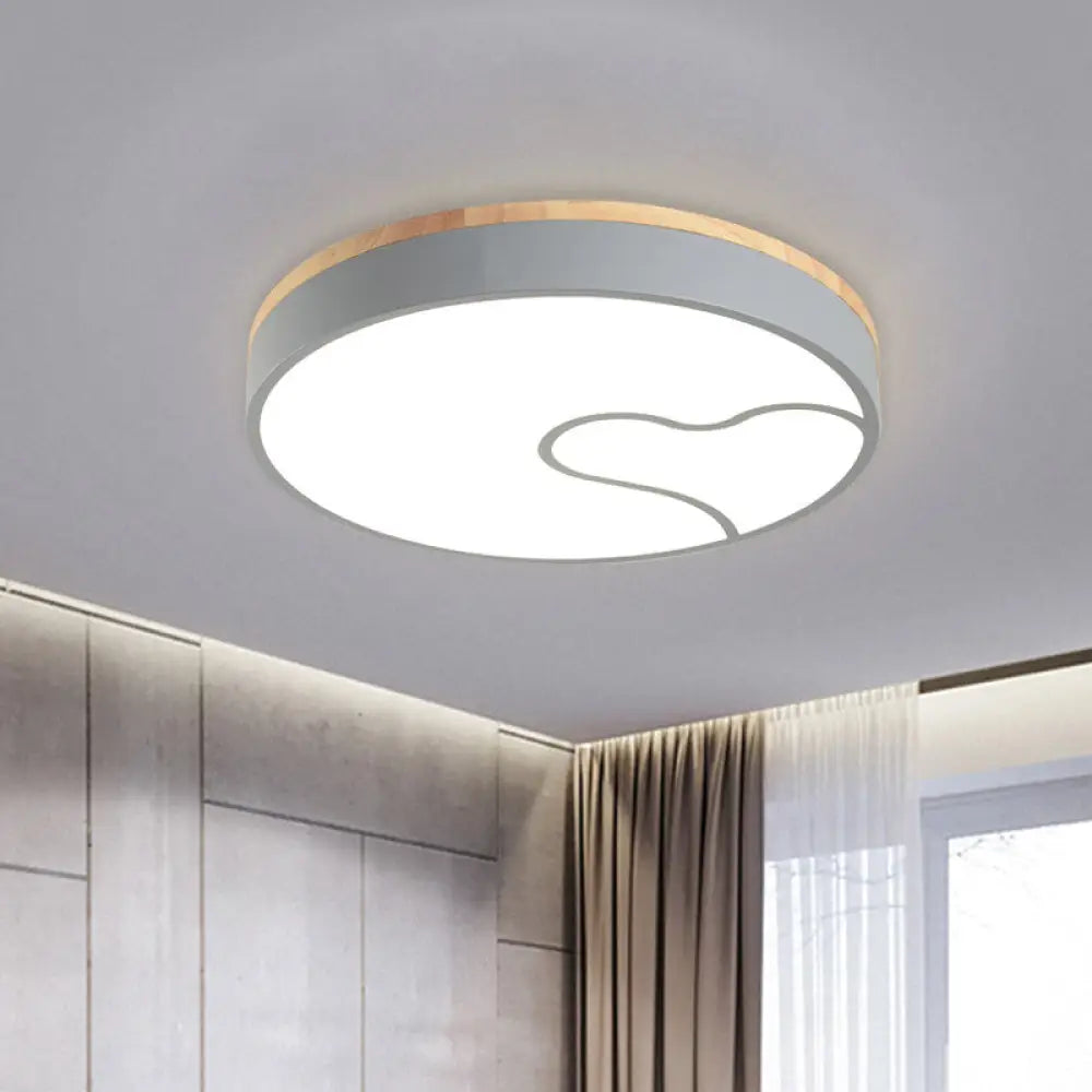Green/White/Grey Macaron Ceiling Led Light With Wave Pattern And Wood Accent Grey