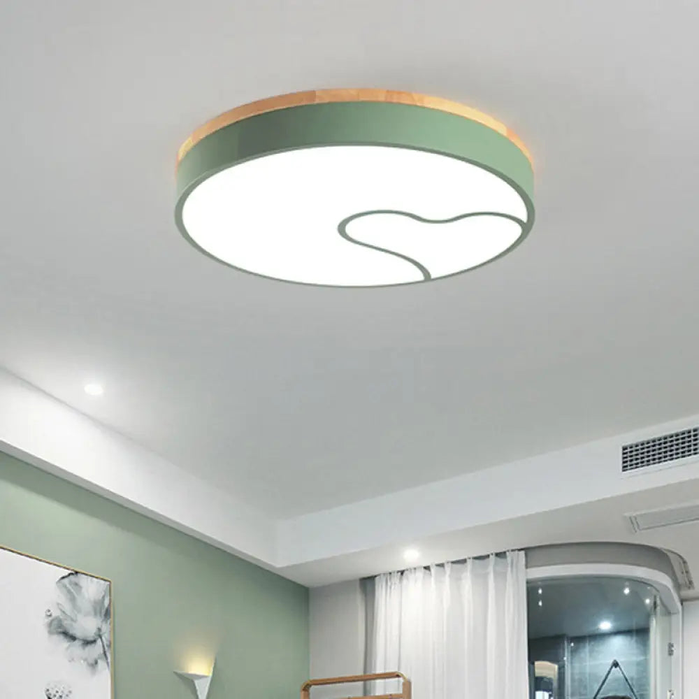 Green/White/Grey Macaron Ceiling Led Light With Wave Pattern And Wood Accent Green