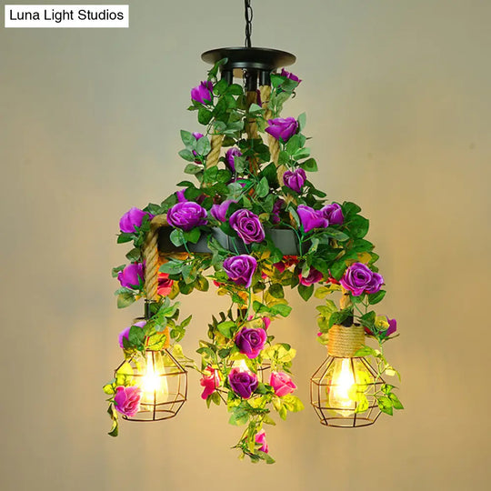Iron Pendant Chandelier With Antique Grenade Cage And Plant Decor Perfect For Restaurants Purple