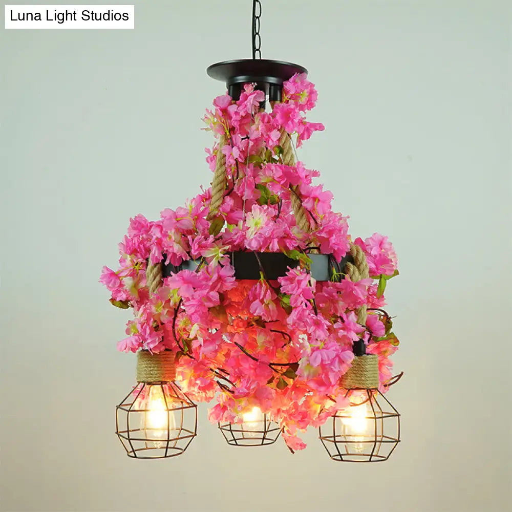 Iron Pendant Chandelier With Antique Grenade Cage And Plant Decor Perfect For Restaurants Rose Red