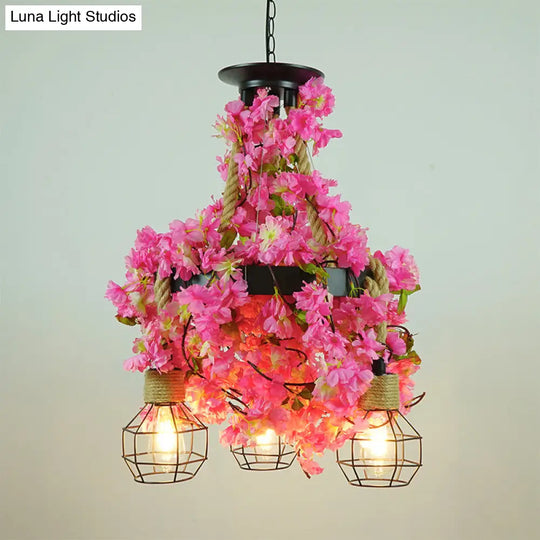 Iron Pendant Chandelier With Antique Grenade Cage And Plant Decor Perfect For Restaurants Rose Red