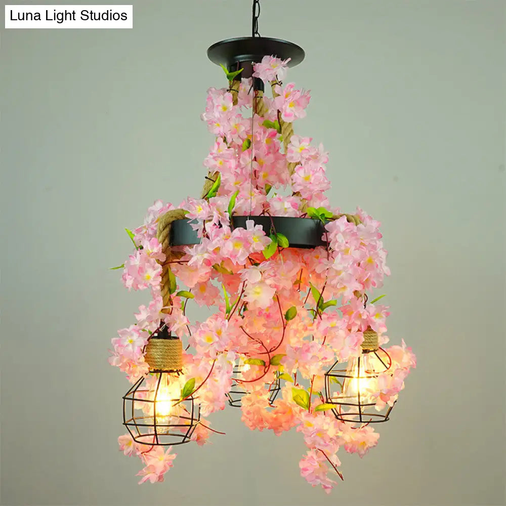 Iron Pendant Chandelier With Antique Grenade Cage And Plant Decor Perfect For Restaurants Pink