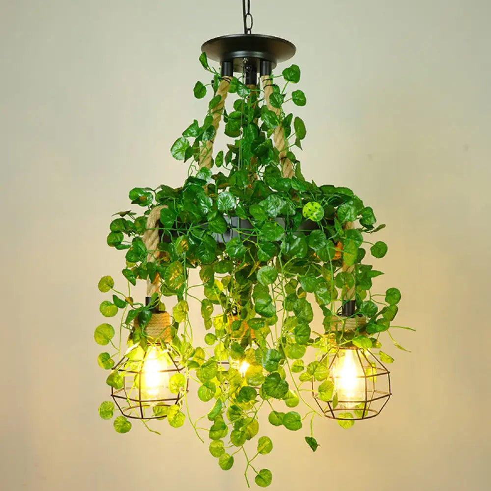 Grenade Cage Chandelier With Plant Decoration - 3 Head Iron Pendant Light For Restaurants Green
