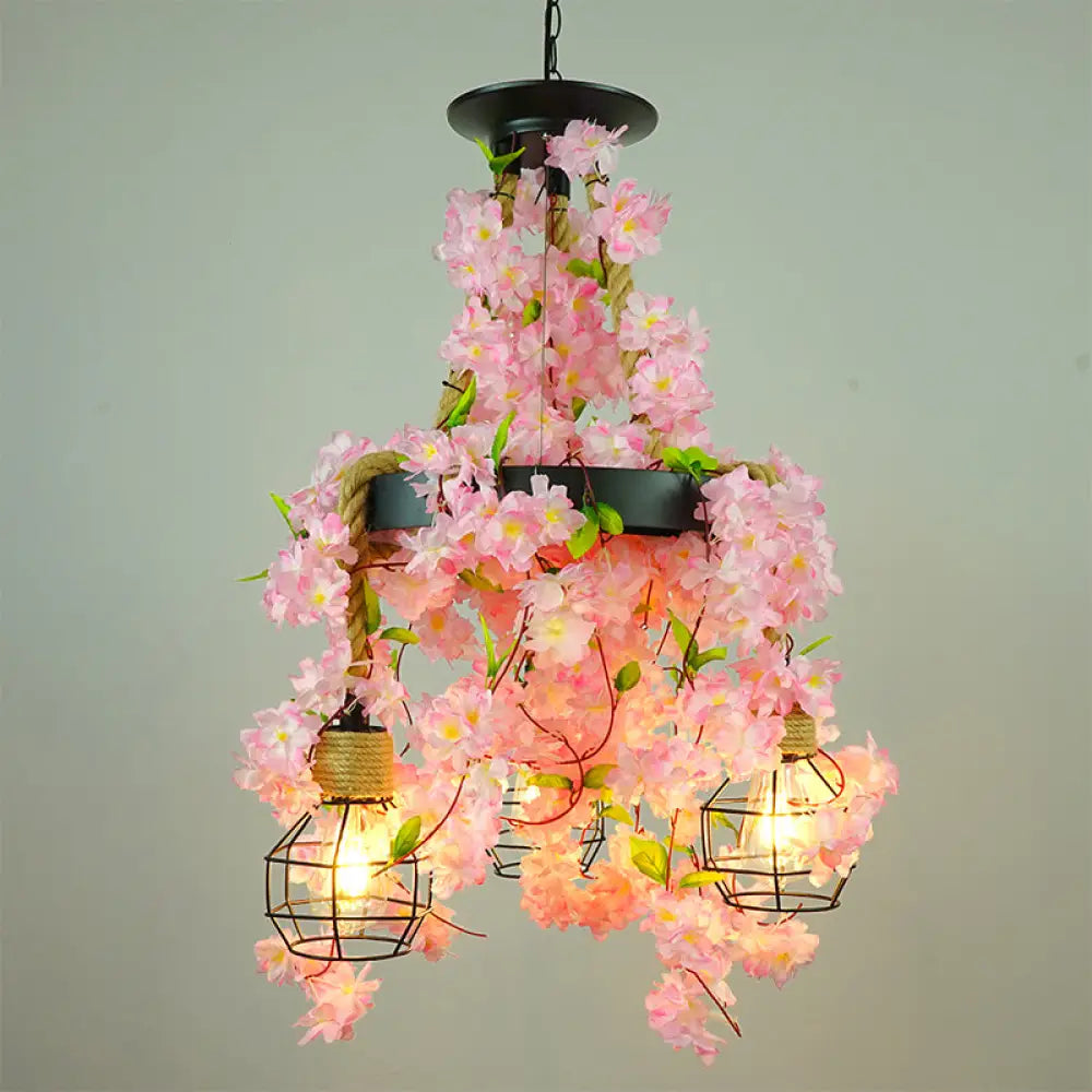 Grenade Cage Chandelier With Plant Decoration - 3 Head Iron Pendant Light For Restaurants Pink