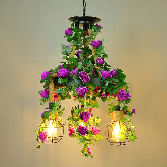 Grenade Cage Chandelier With Plant Decoration - 3 Head Iron Pendant Light For Restaurants Purple