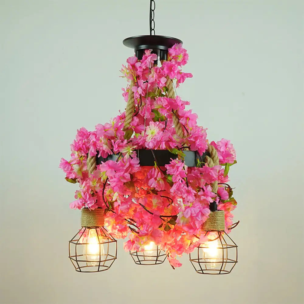 Grenade Cage Chandelier With Plant Decoration - 3 Head Iron Pendant Light For Restaurants Rose Red