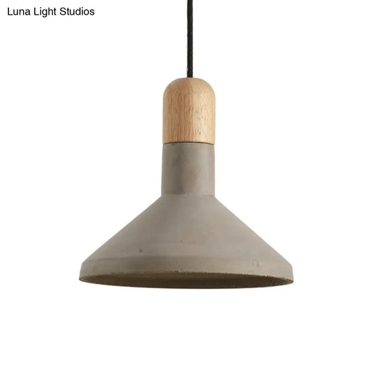 Grey And Wood Vintage Style Cement Pendant Light Kit - Flared Design 1 Head Ceiling Lamp
