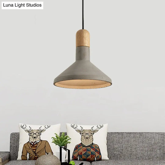 Vintage Flared Pendant Light Kit - Grey And Wood 1-Head Cement Hanging Ceiling Lamp