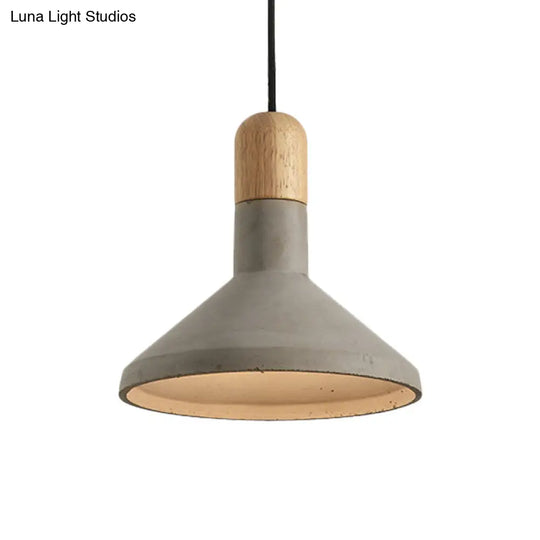 Vintage Flared Pendant Light Kit - Grey And Wood 1-Head Cement Hanging Ceiling Lamp