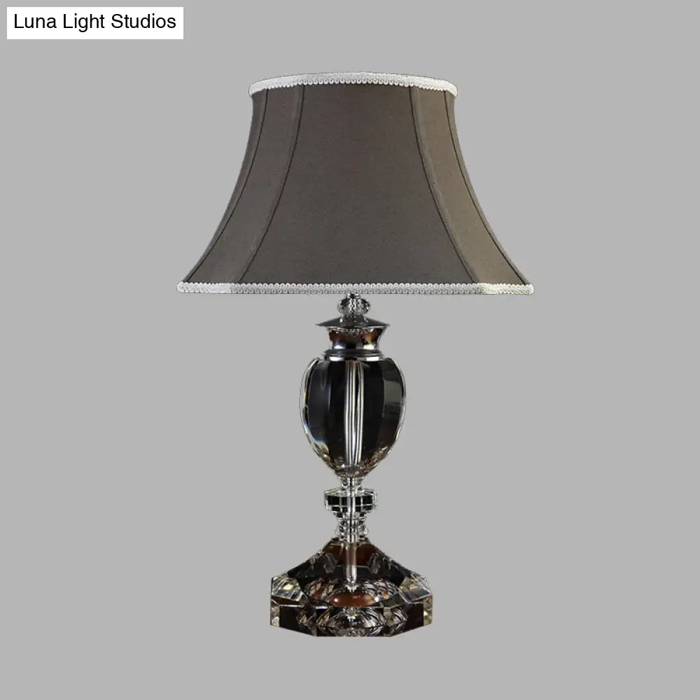 Grey Bell Table Lamp: Countryside Fabric Shade Single Head Bedroom Night Light With Crystal Base