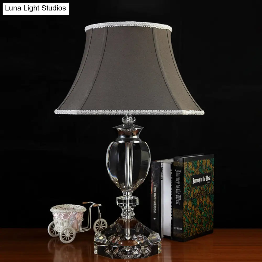 Grey Bell Table Lamp: Countryside Fabric Shade Single Head Bedroom Night Light With Crystal Base