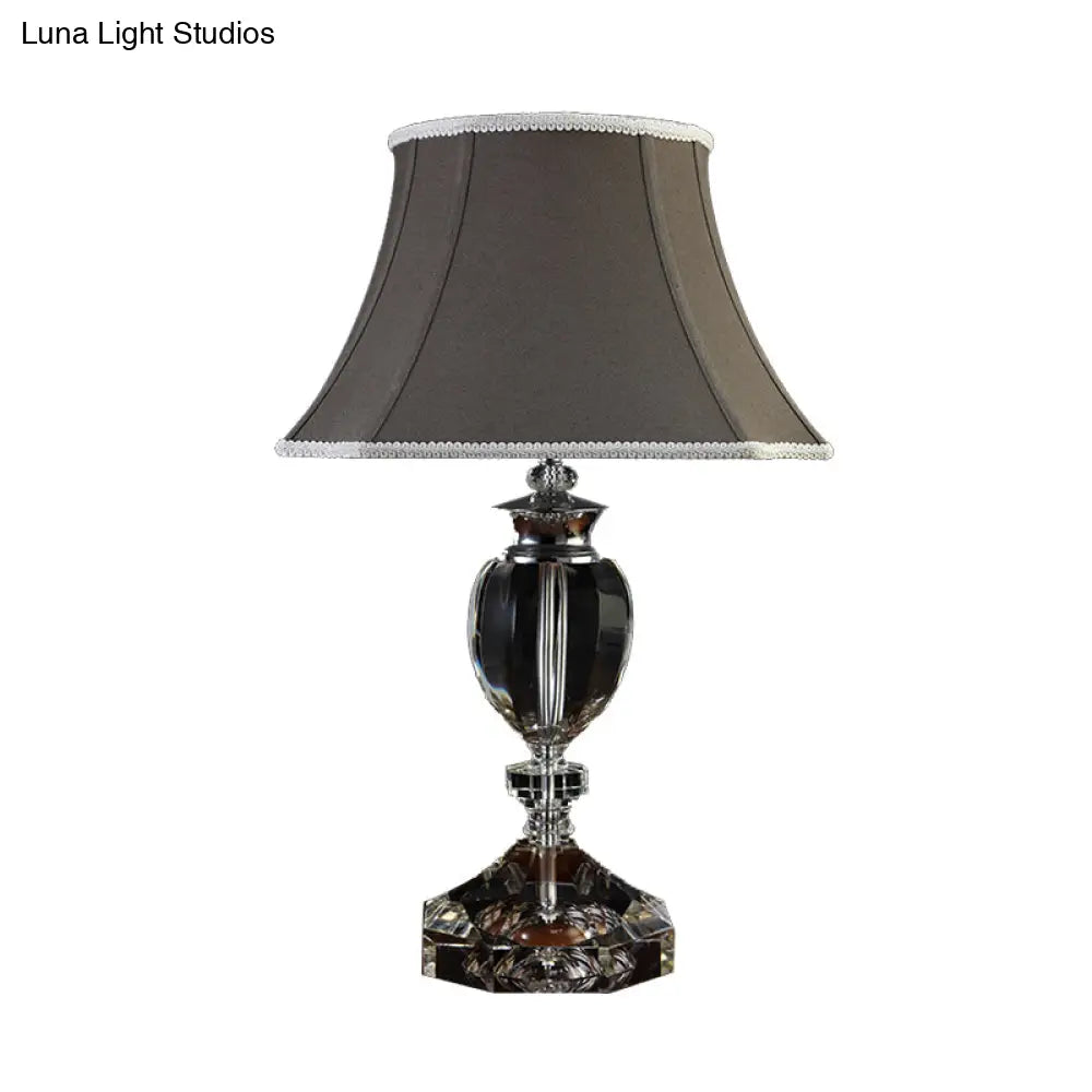 Grey Bell Table Lamp: Countryside Fabric Shade Single Head Bedroom Night Light With Crystal Base