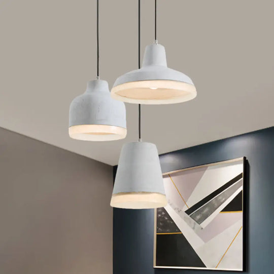 Grey Cement Pendant Lamp: Vintage Geometry With Linear/Round Canopy - Set Of 3 Hanging Bulbs / Round