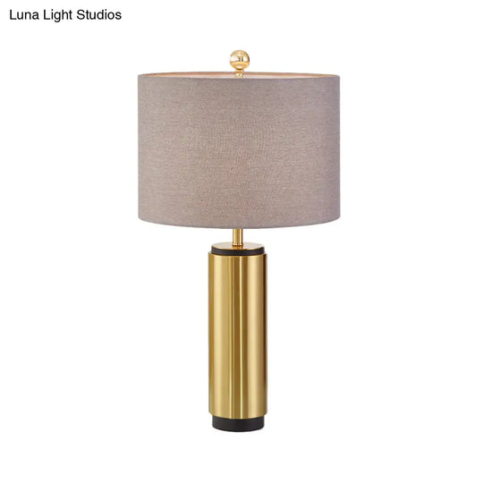 Grey Fabric Table Lamp: Traditional Drum Shape 1-Light Cylinder Base - Ideal For Bedroom Reading