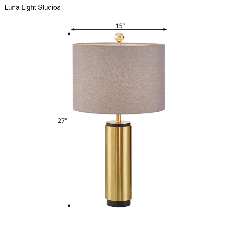 Grey Fabric Table Lamp: Traditional Drum Shape 1-Light Cylinder Base - Ideal For Bedroom Reading