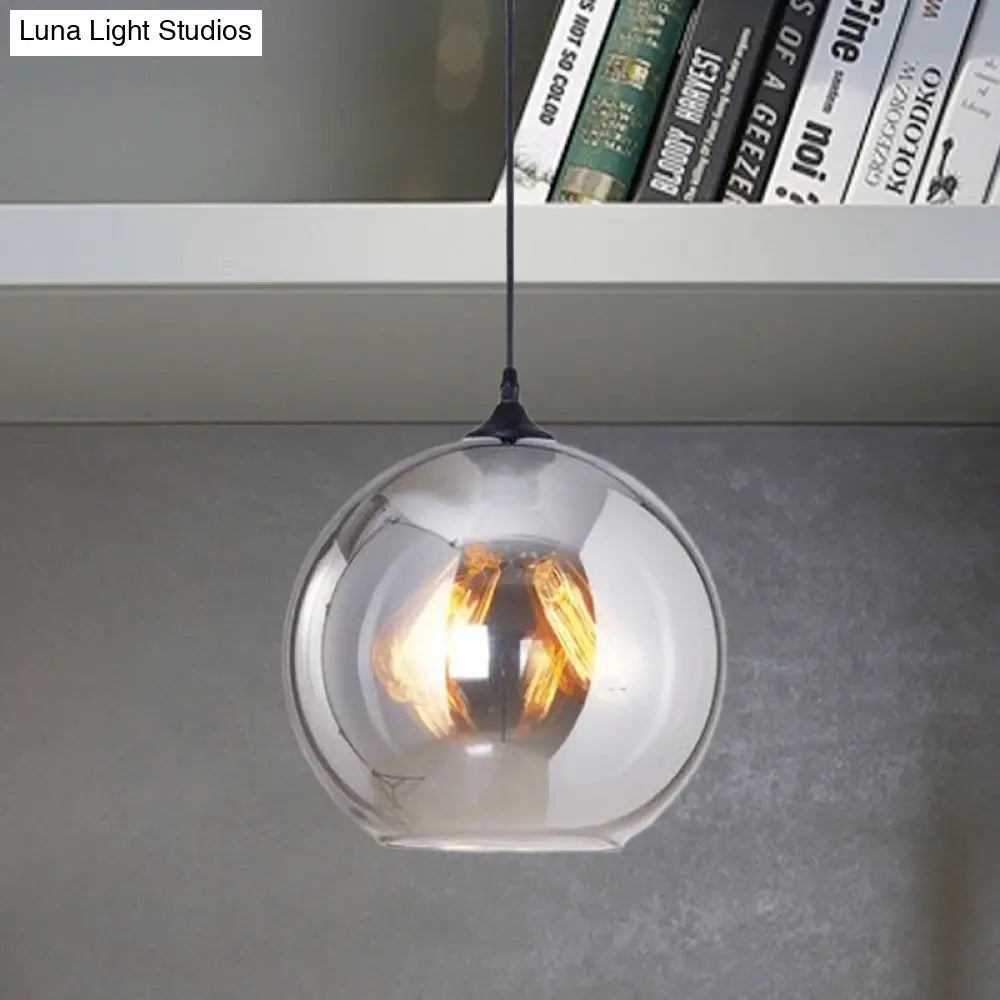 1-Light Industrial Globe Pendant Lighting In Black With Grey Glass Shade For Indoor Use