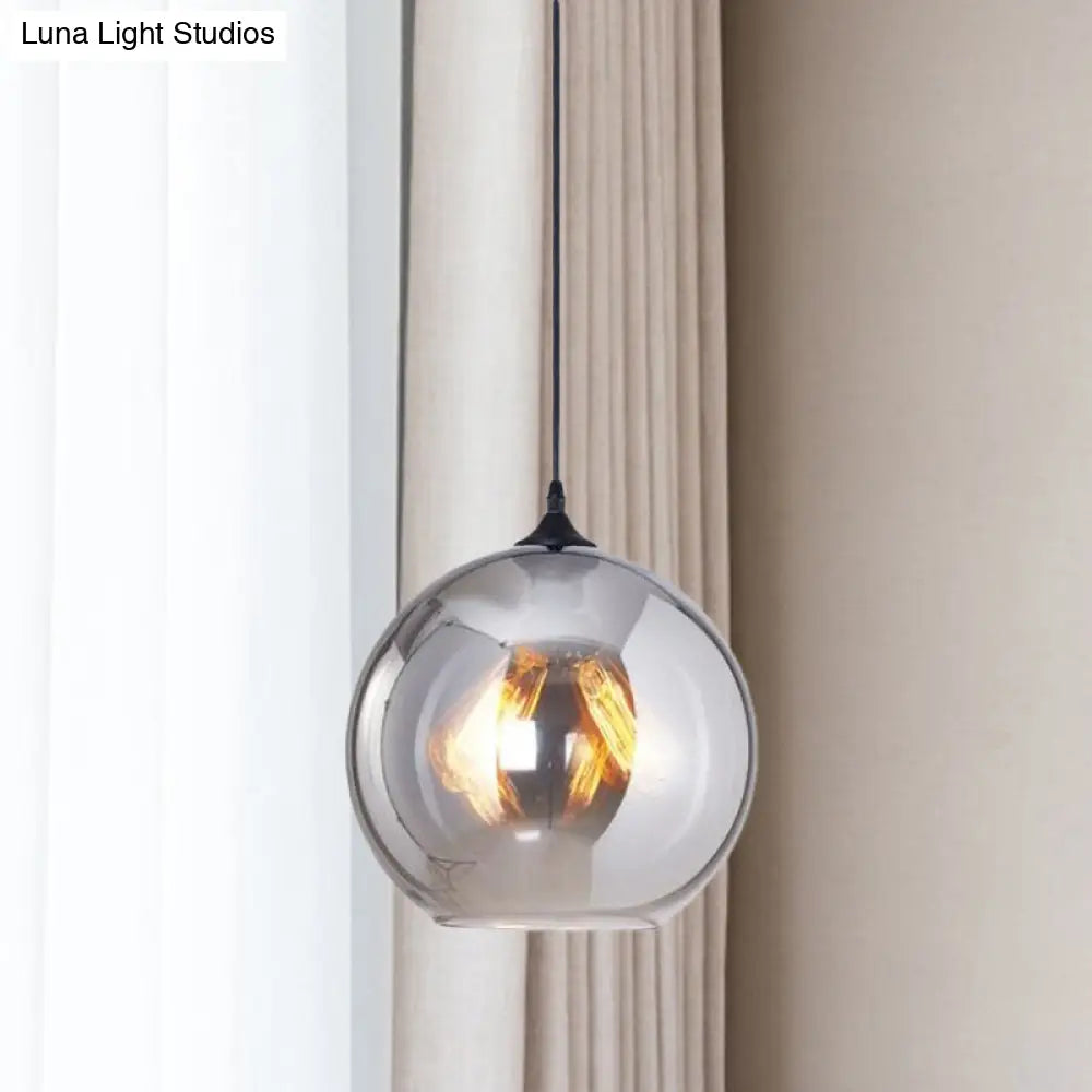 1-Light Industrial Globe Pendant Lighting In Black With Grey Glass Shade For Indoor Use