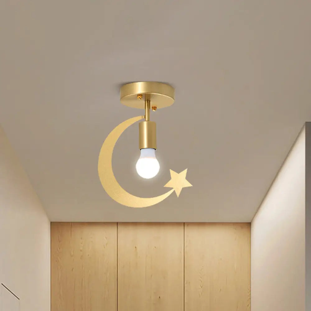 Grey/Gold Crescent & Star Kids Flush Mount Lighting - 1-Light Iron Ceiling Light For Corridor Gold