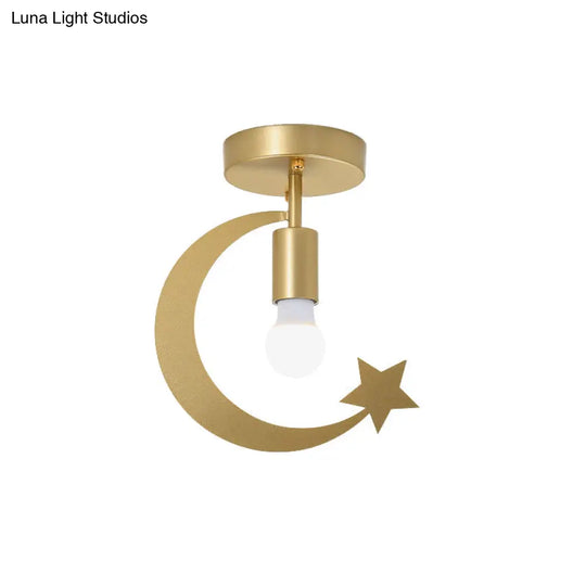 Grey/Gold Crescent & Star Kids Flush Mount Lighting - 1-Light Iron Ceiling Light For Corridor