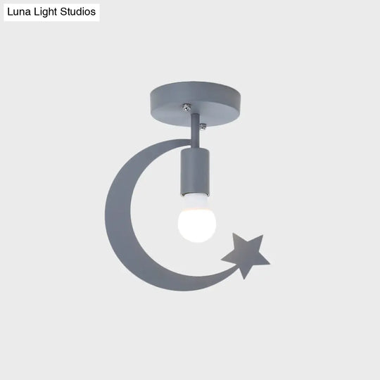 Grey/Gold Crescent & Star Kids Flush Mount Lighting - 1-Light Iron Ceiling Light For Corridor