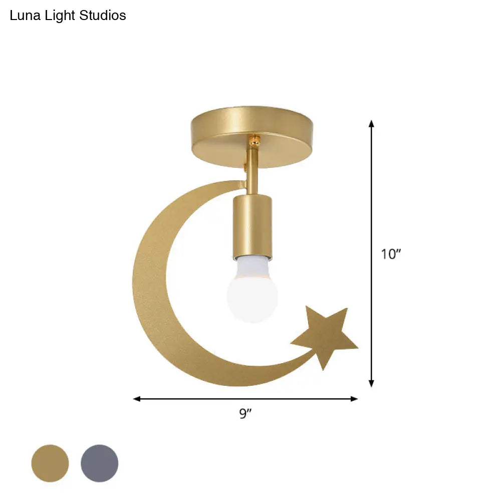 Grey/Gold Crescent & Star Kids Flush Mount Lighting - 1-Light Iron Ceiling Light For Corridor