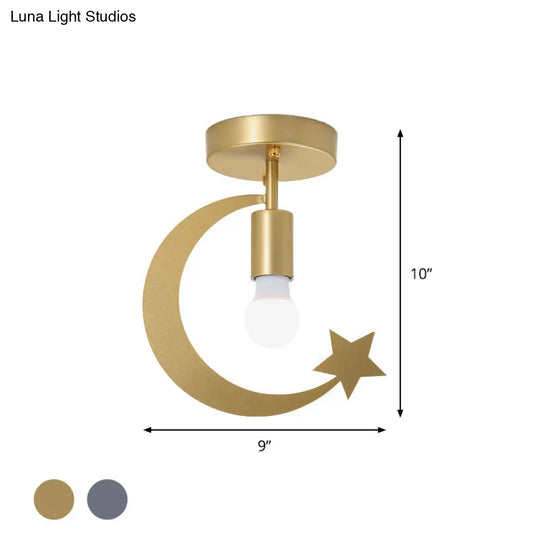 Grey/Gold Crescent & Star Kids Flush Mount Lighting - 1-Light Iron Ceiling Light For Corridor