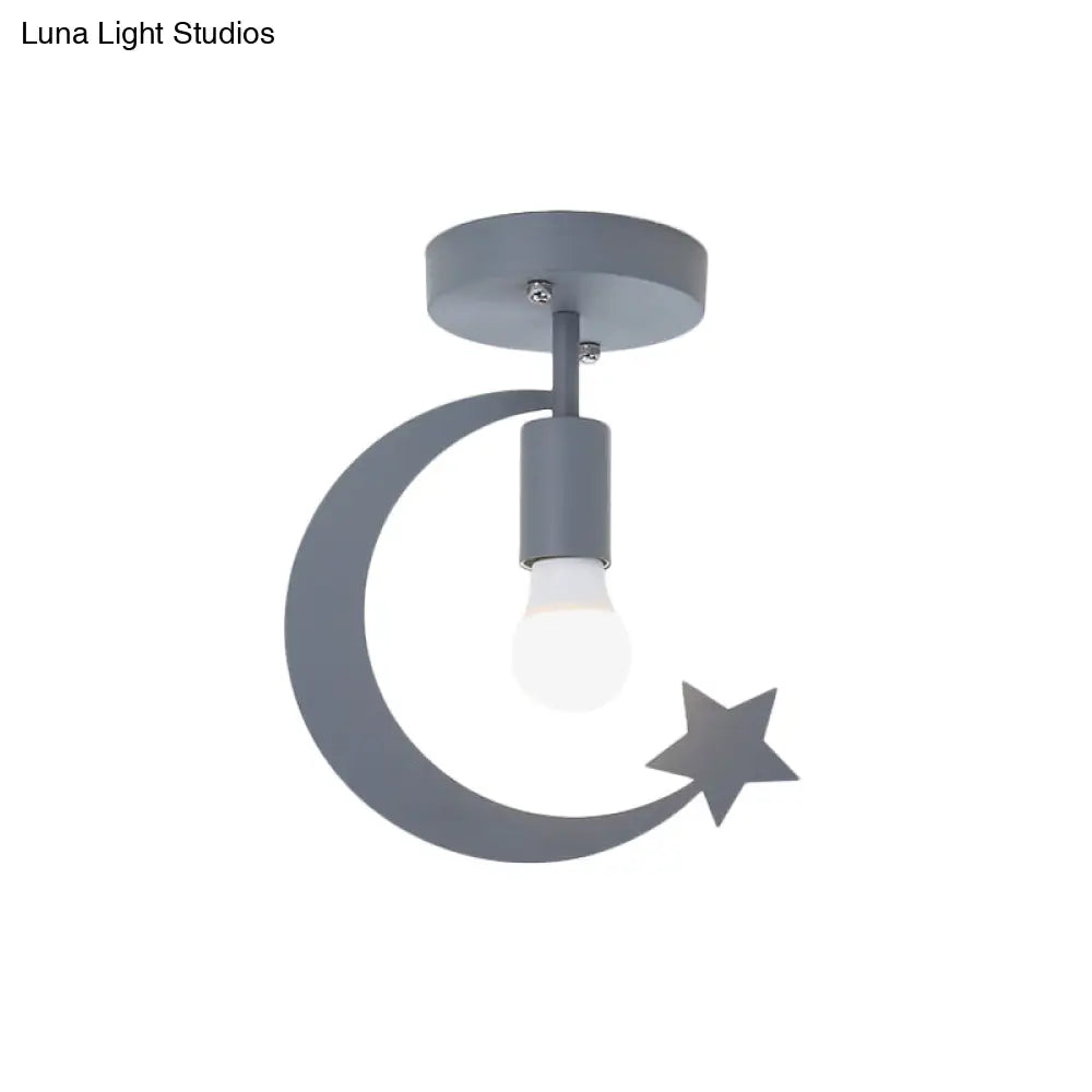 Grey/Gold Crescent & Star Kids Flush Mount Lighting - 1-Light Iron Ceiling Light For Corridor