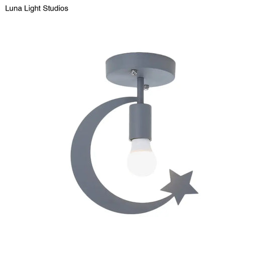 Grey/Gold Crescent & Star Kids Flush Mount Lighting - 1-Light Iron Ceiling Light For Corridor