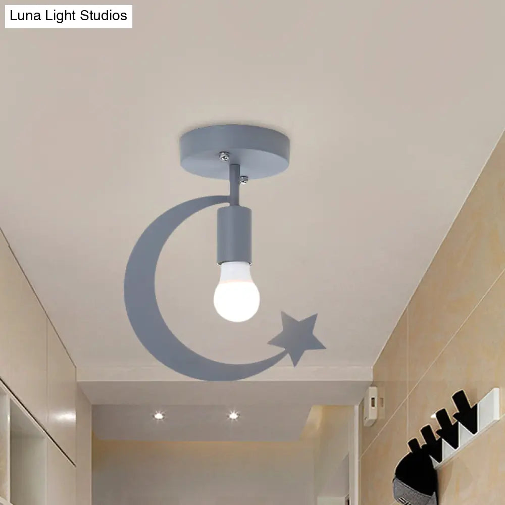 Grey/Gold Crescent & Star Kids Flush Mount Lighting - 1-Light Iron Ceiling Light For Corridor