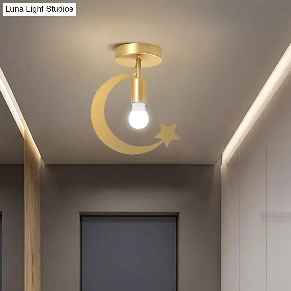 Grey/Gold Crescent & Star Kids Flush Mount Lighting - 1-Light Iron Ceiling Light For Corridor