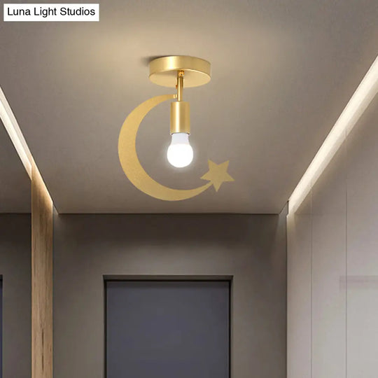 Grey/Gold Crescent & Star Kids Flush Mount Lighting - 1-Light Iron Ceiling Light For Corridor