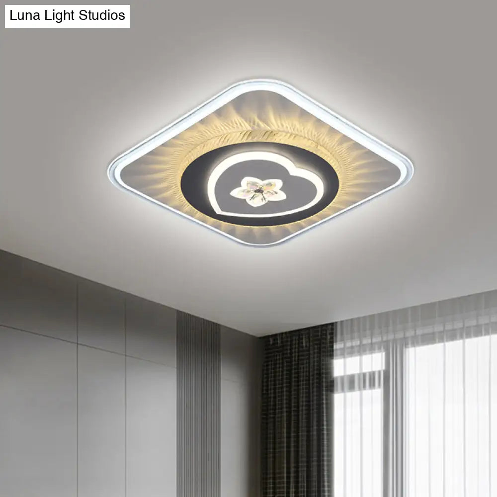 Grey Nordic Square Flush Mount Led Ceiling Light Fixture With Acrylic Design (Round/Heart)