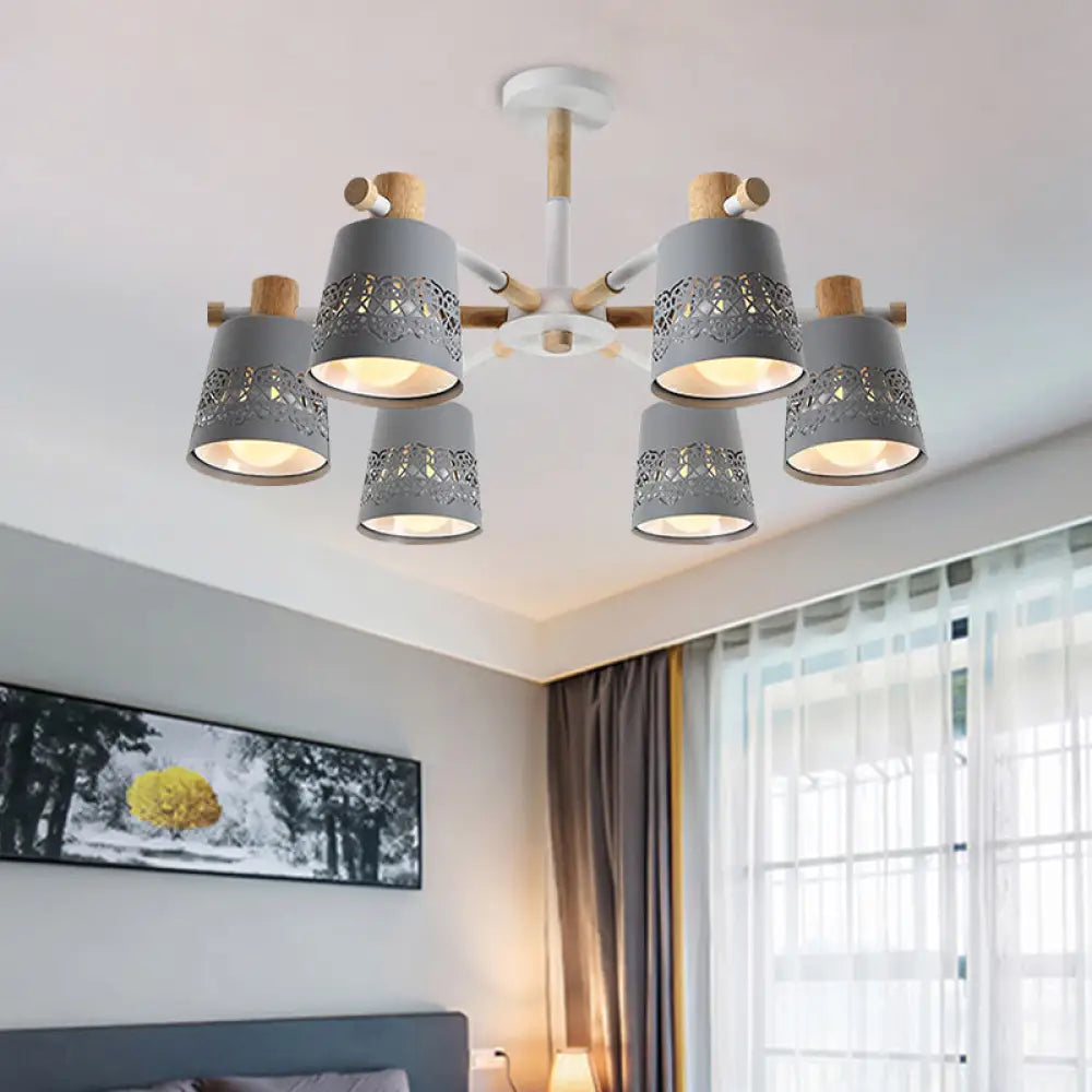 Grey Wood-Accented Macaron 6-Light Semi Flush Ceiling Chandelier