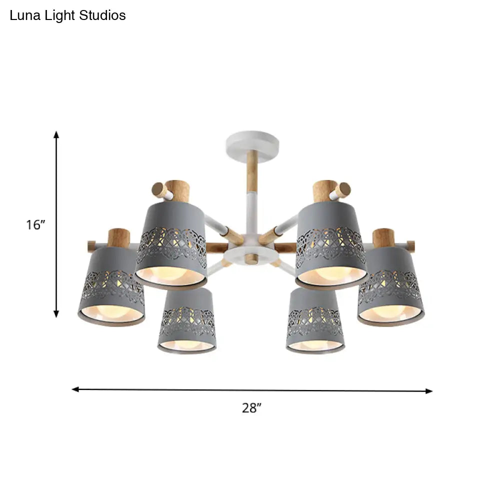 Grey Wood-Accented Macaron 6-Light Semi Flush Ceiling Chandelier