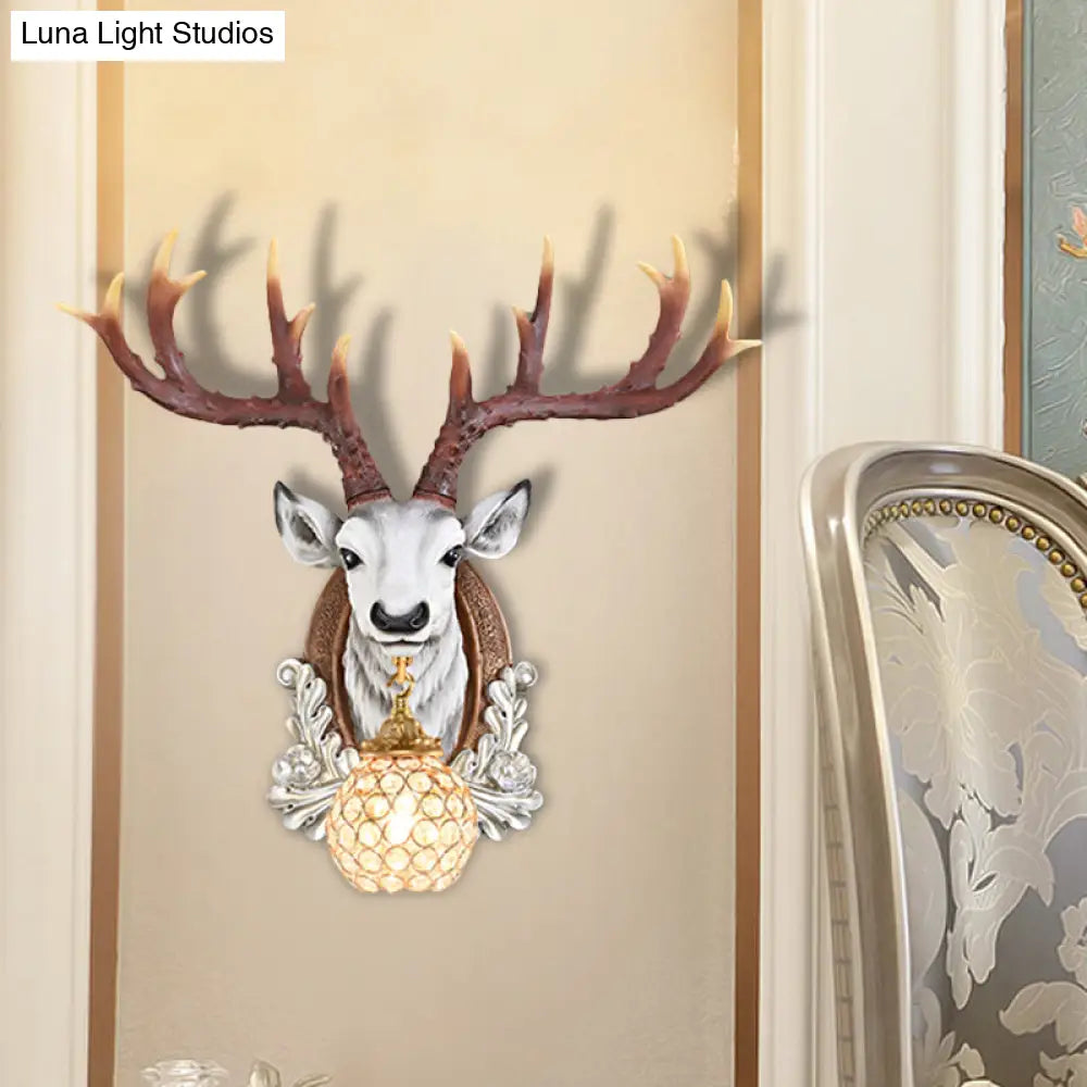 Grey/Yellow Deer Head Wall Sconce With Beveled K9 Crystal For Living Room