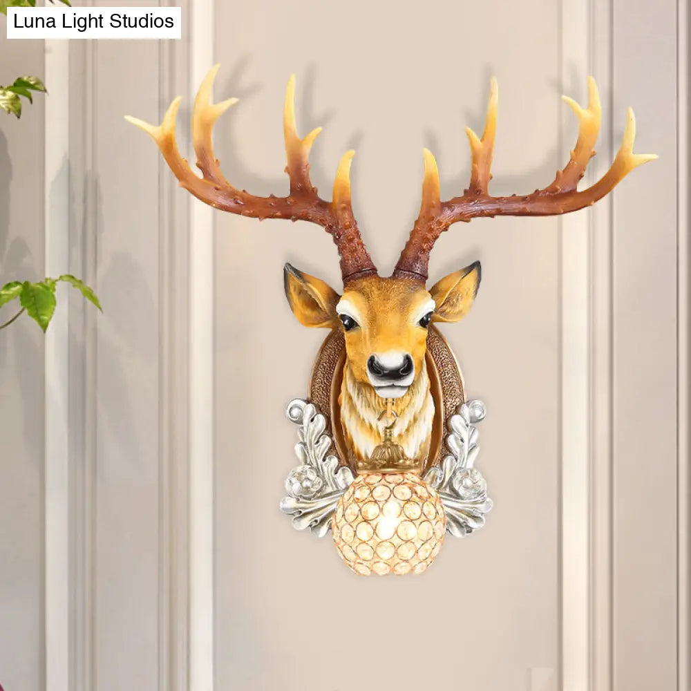 Grey/Yellow Deer Head Wall Sconce With Beveled K9 Crystal For Living Room