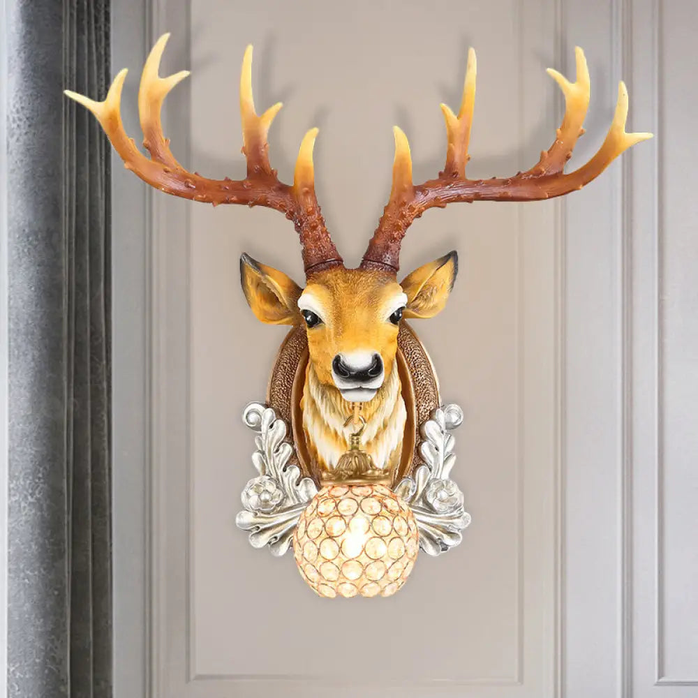 Grey/Yellow Deer Head Wall Sconce With Beveled K9 Crystal For Living Room Yellow