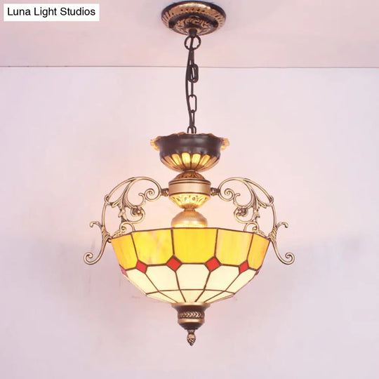 Grid Glass Pendant Chandelier Light With Inverted Dome Design - 3-Bulb Fixture For Entryway Yellow