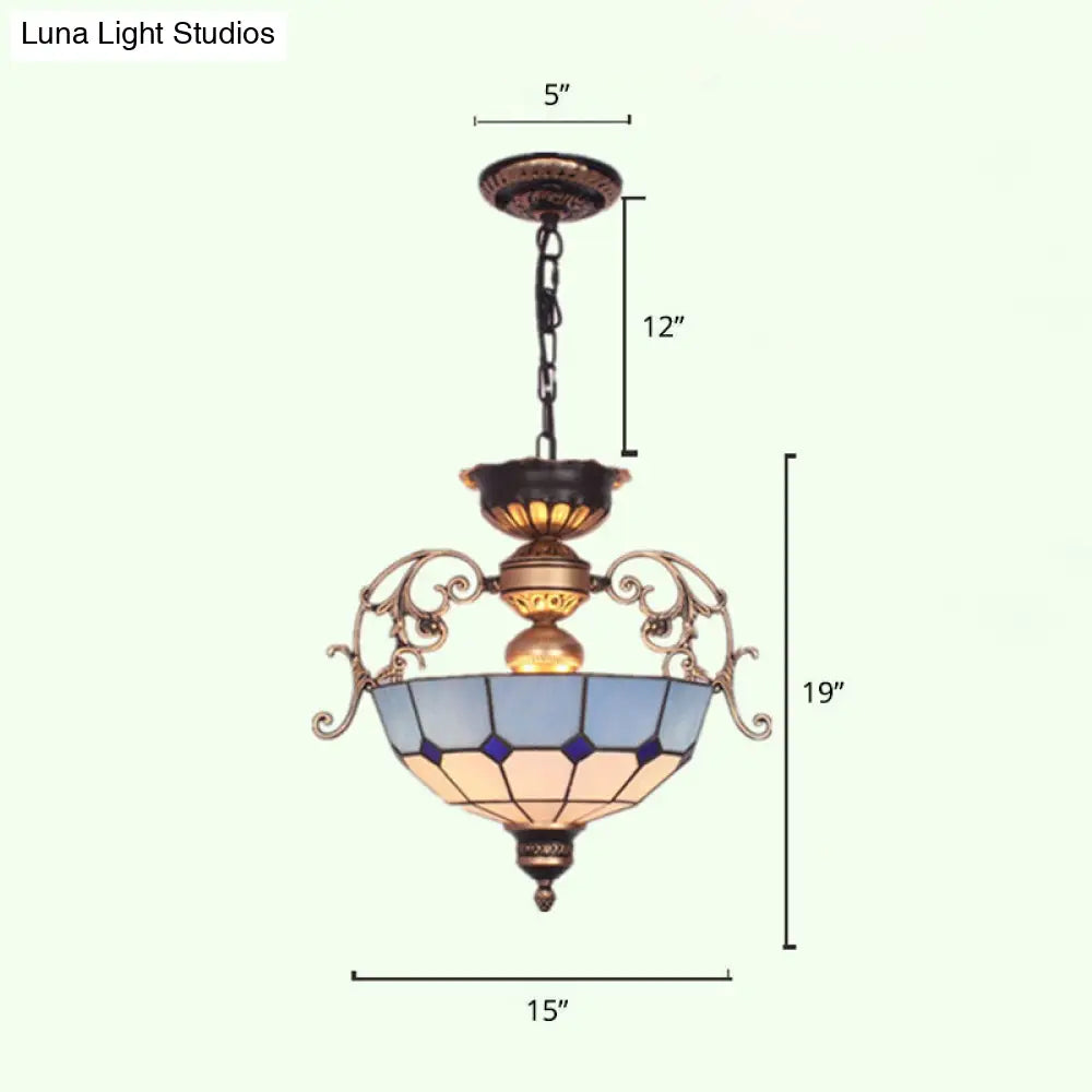 Grid-Glass Inverted Dome Chandelier Pendant Light With 3 Bulbs - Ideal For Entryway
