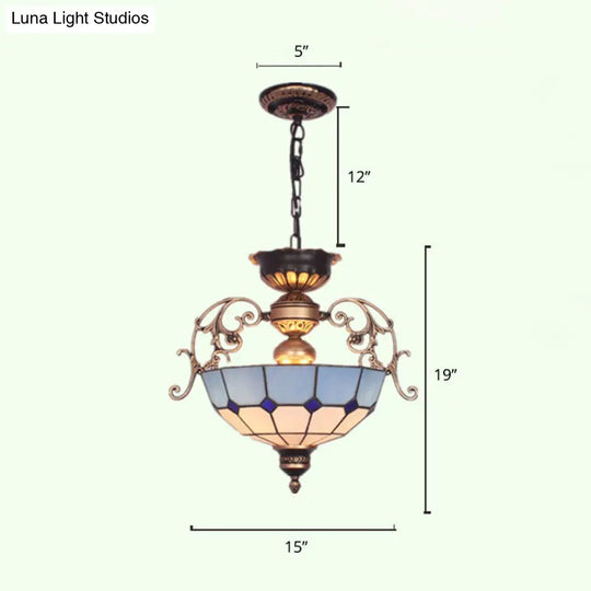 Grid-Glass Inverted Dome Chandelier Pendant Light With 3 Bulbs - Ideal For Entryway