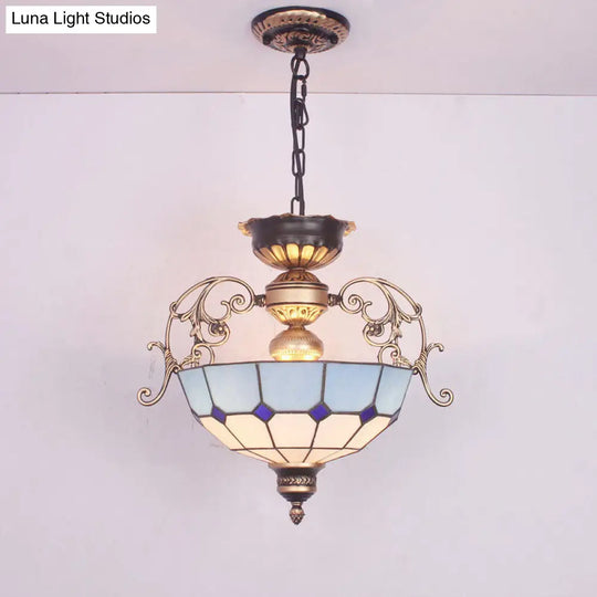 Grid Glass Pendant Chandelier Light With Inverted Dome Design - 3-Bulb Fixture For Entryway Blue