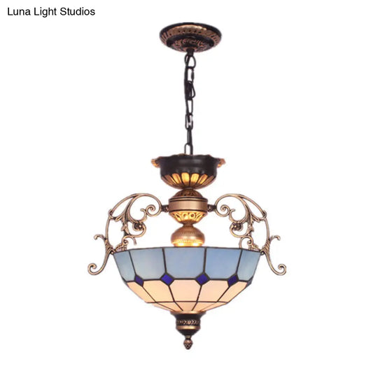 Grid Glass Pendant Chandelier Light With Inverted Dome Design - 3-Bulb Fixture For Entryway