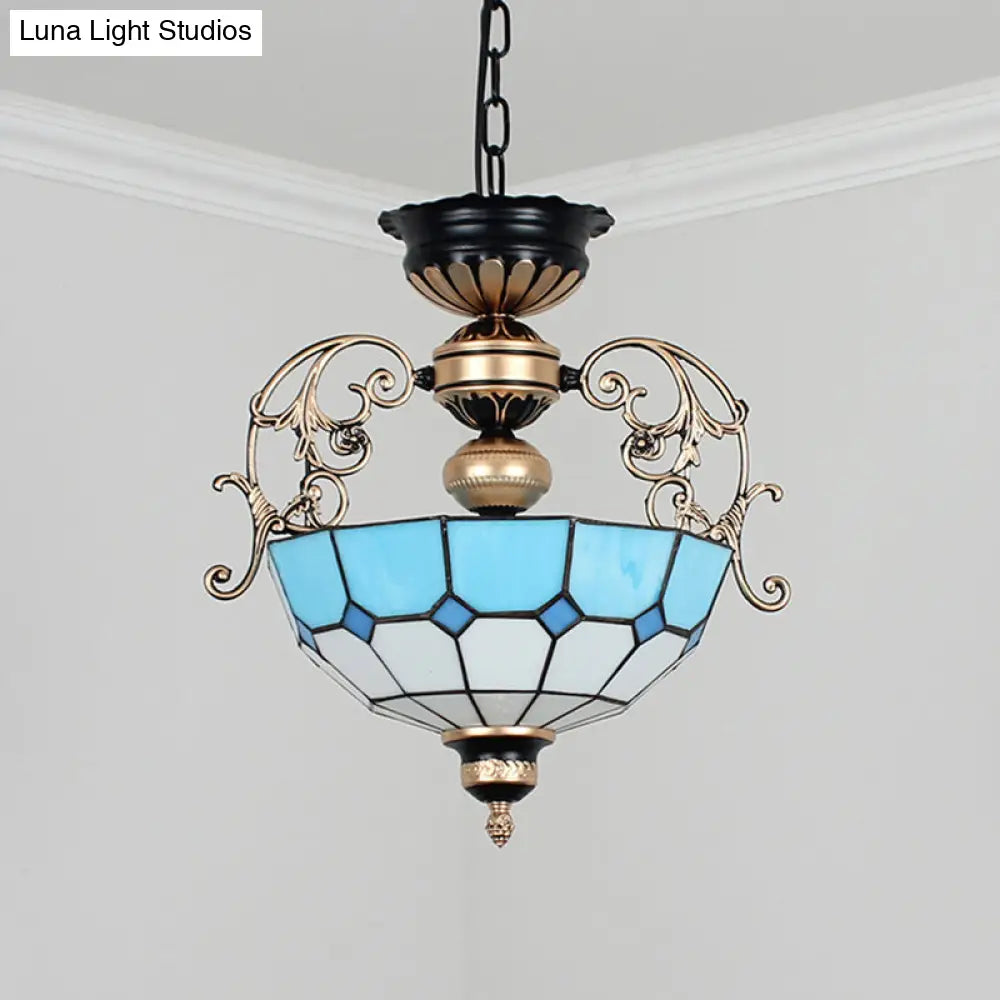 Grid Glass Pendant Chandelier Light With Inverted Dome Design - 3-Bulb Fixture For Entryway