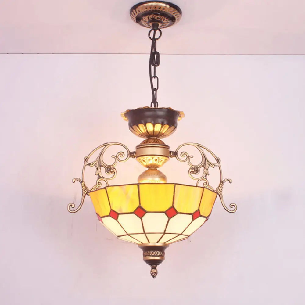 Grid-Glass Inverted Dome Chandelier Pendant Light With 3 Bulbs - Ideal For Entryway Yellow