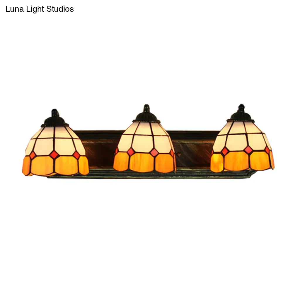 Grid Pattern Tiffany Orange & White Glass Wall Mount Sconce Light With 3 Bronze Heads